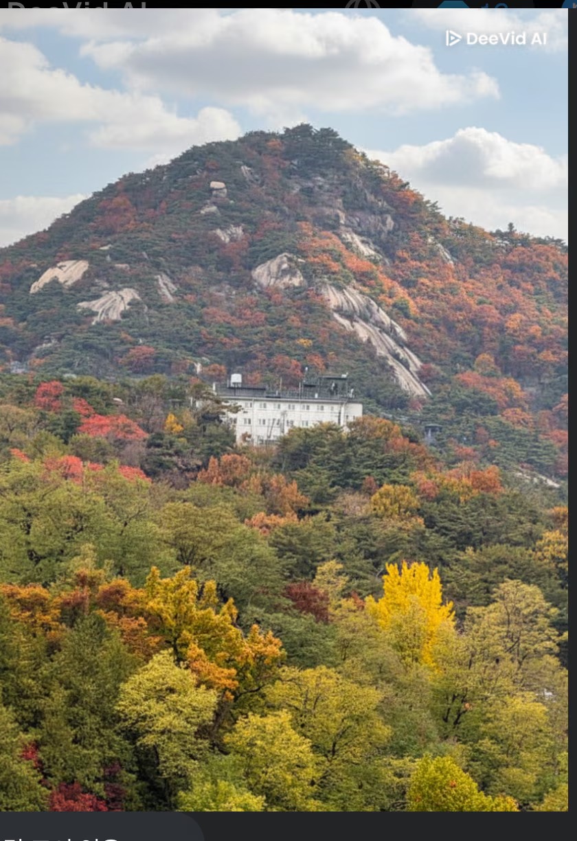 가을 단풍이 물든 산자락과 언덕 위 하얀 건물