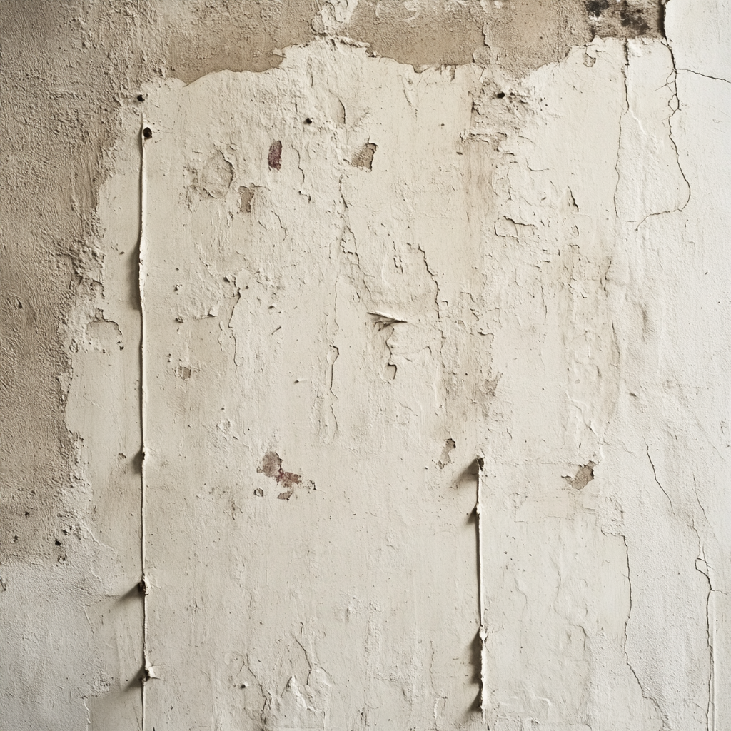 Close-up of a beige wall with peeling plaster and cracks