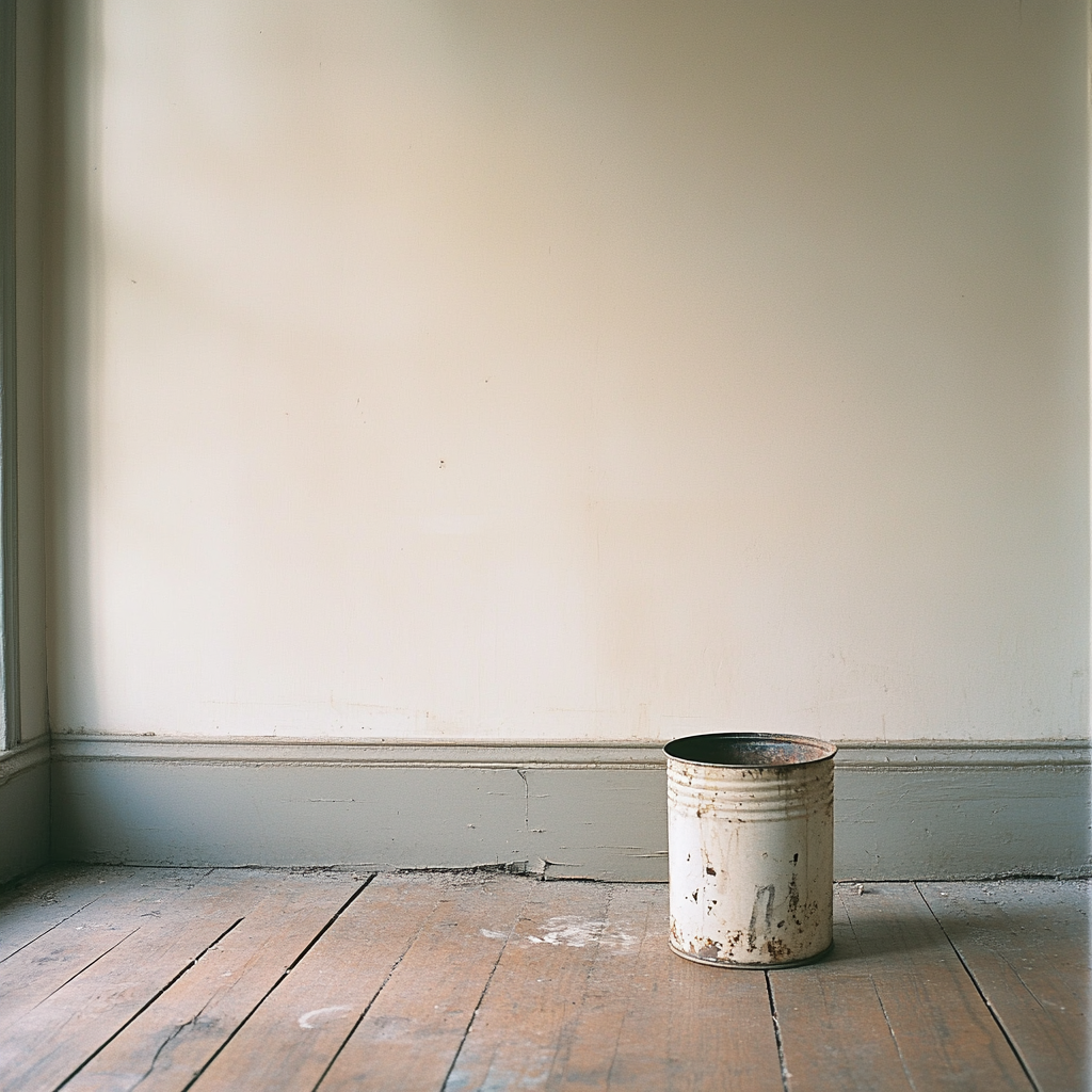 A metal bucket on wooden floorboards near a white wall in natural light