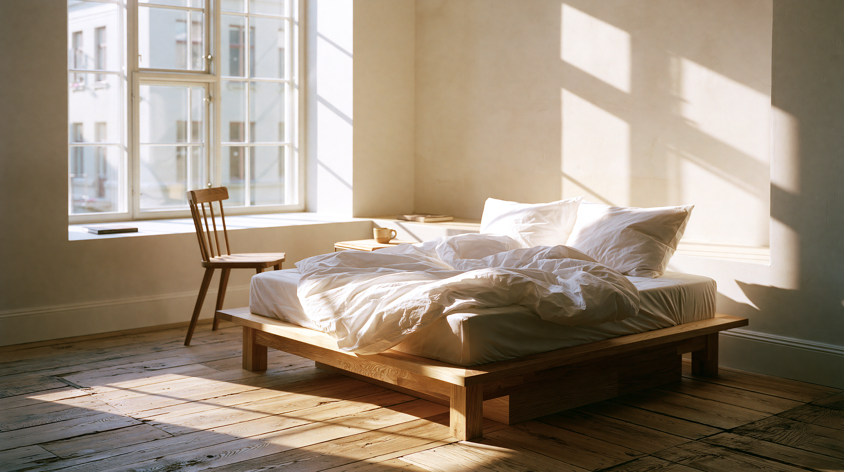 Sunlit bedroom with a wooden bed frame, white bedding, and a large window