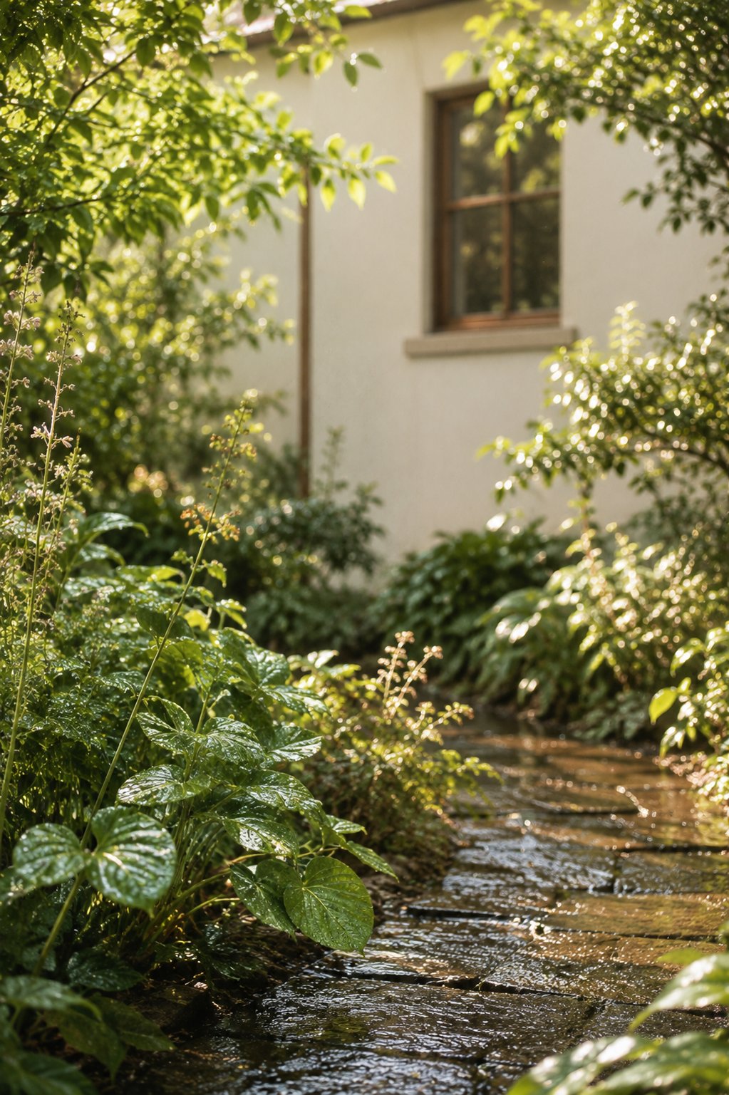 It rained all night.
The garden is louder in colour this morning, and the stones along
the path are still dark. By afternoon they will have dried back
to grey.